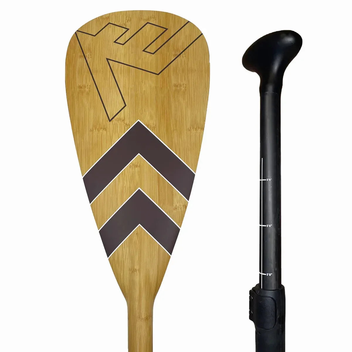 Close-up of Vamo adjustable bamboo SUP paddle with dark brown chevron design, lightweight and durable.