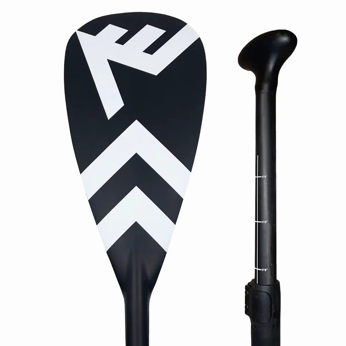 Black Vamo SUP paddle with white chevron design, durable adjustable paddle for stand up paddleboarding.