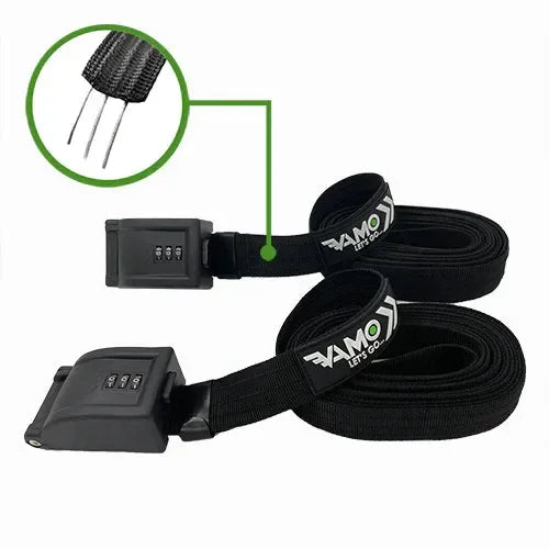 Vamo combo locking straps securing surfboards to car roof rack.