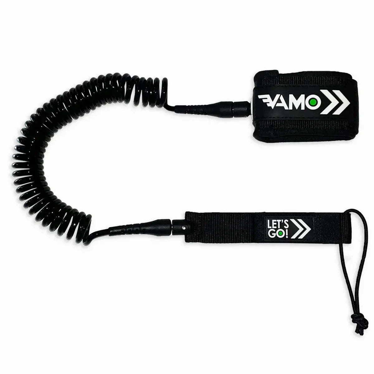 Vamo Lite 9.5’ coiled paddleboard leash with padded ankle strap.