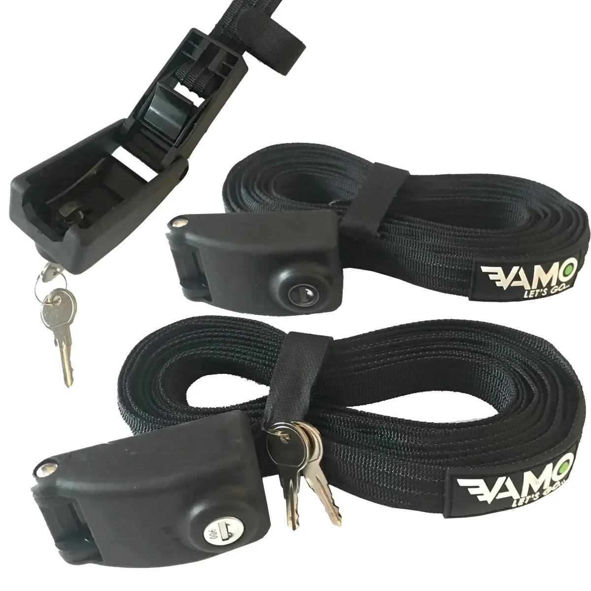 Close-up of Vamo locking tie down strap showing metal key lock system for SUP and surfboard transport.