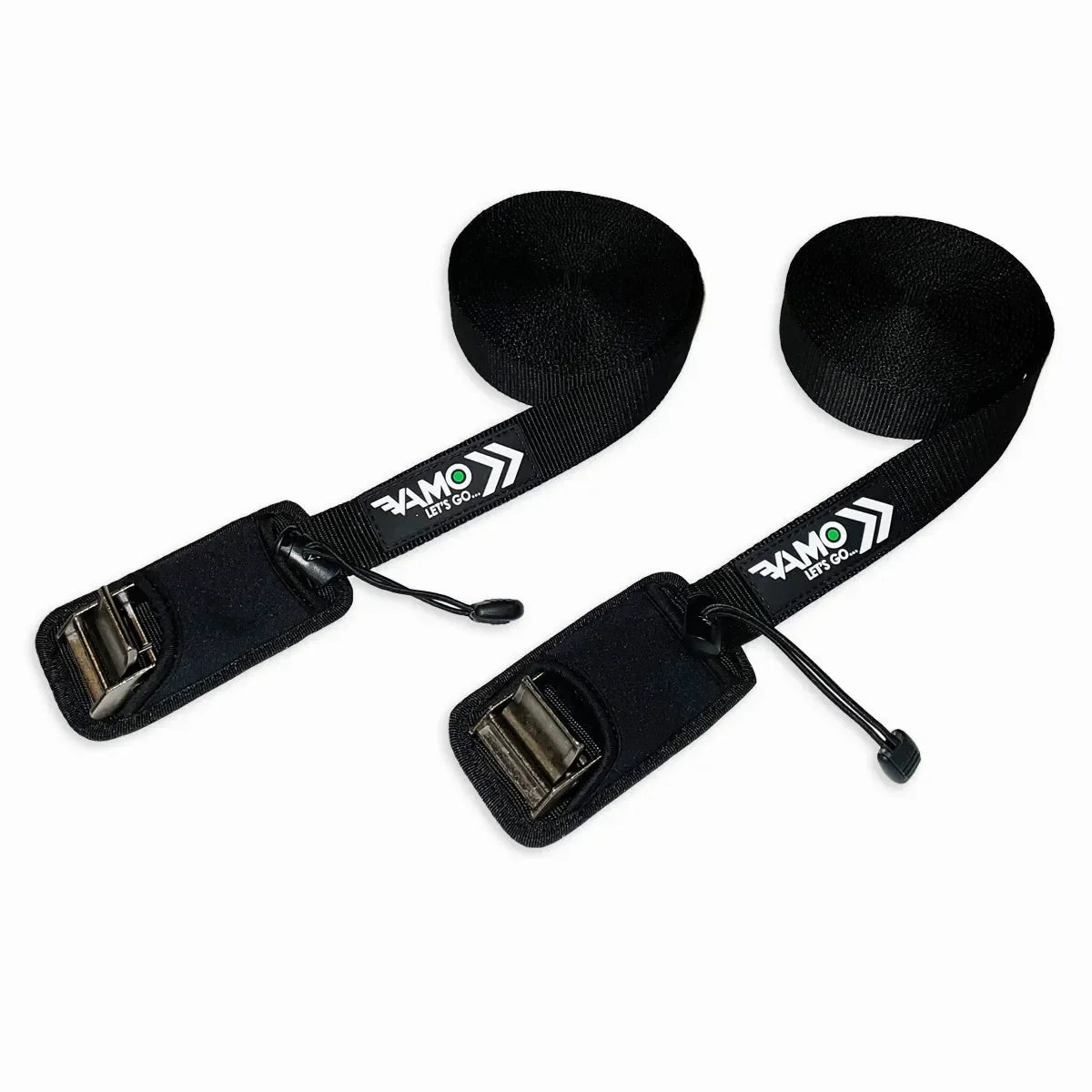 Vamo premium black tie down straps with padded covers for paddleboard transport.