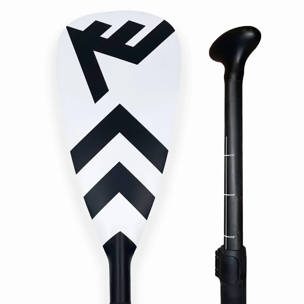 White Vamo adjustable SUP paddle featuring bold black chevron design, lightweight performance paddle.