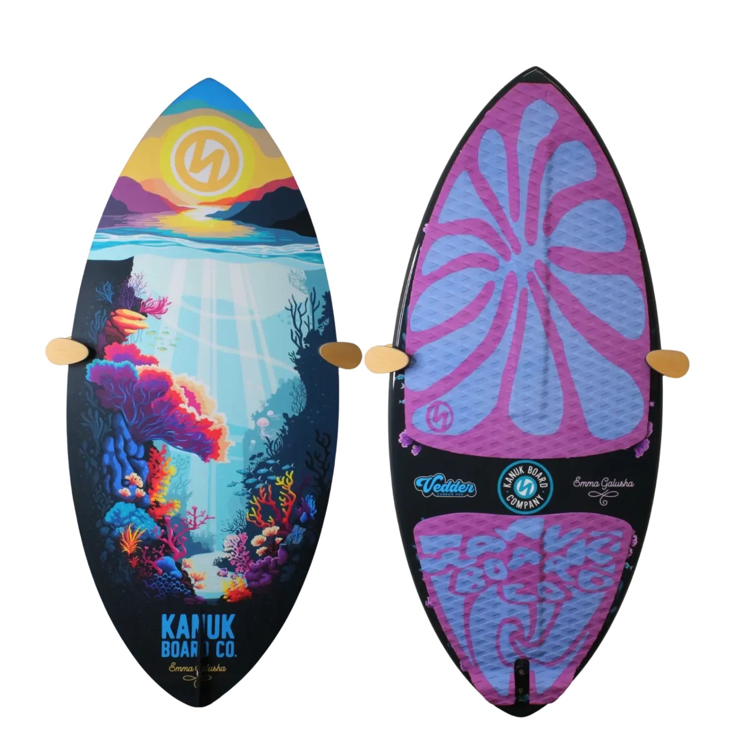 Vedder Emma Pro wakeskim board with coral reef and sunset design.