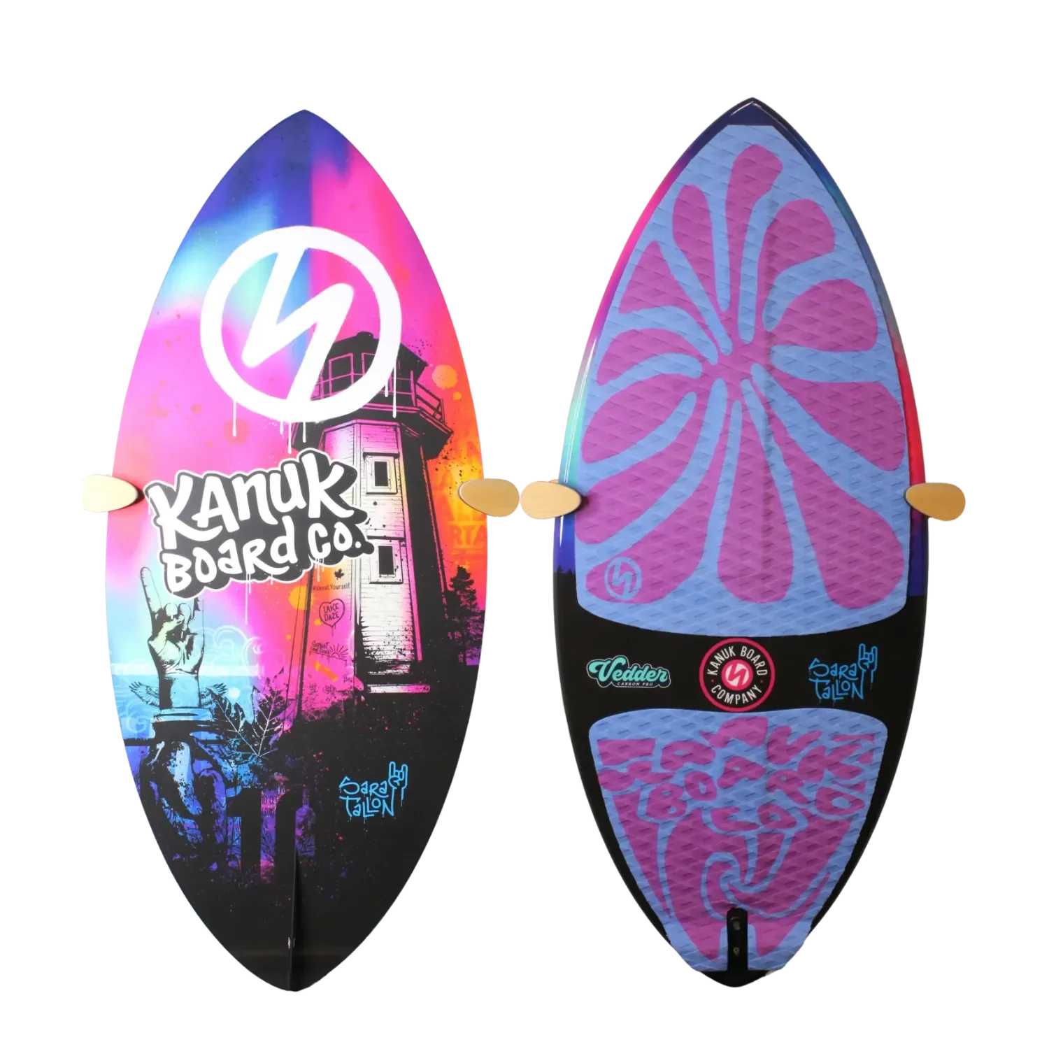Vedder Sara Pro wakeskim board with neon pink and purple floral pattern.