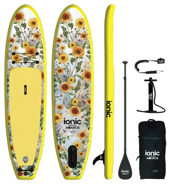 Voltsurf Class Act Sunflower inflatable paddleboard package from Canadian Board Co., includes SUP, paddle, pump, fin, leash, and travel bag.