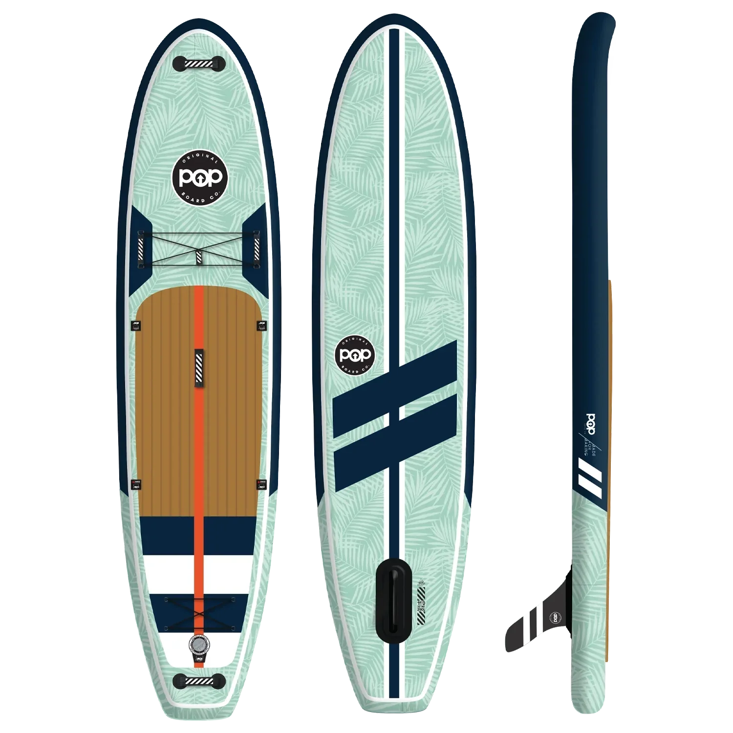 POP Yacht Hopper 11'0 inflatable paddleboard in teak blue and mint – top, bottom, and side view.