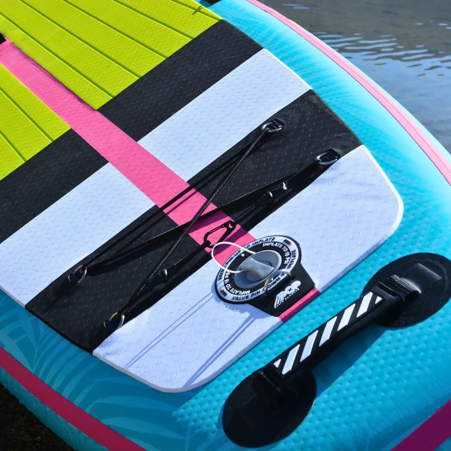 Close-up of striped deck design on POP Yacht Hopper 11'0 inflatable paddleboard.