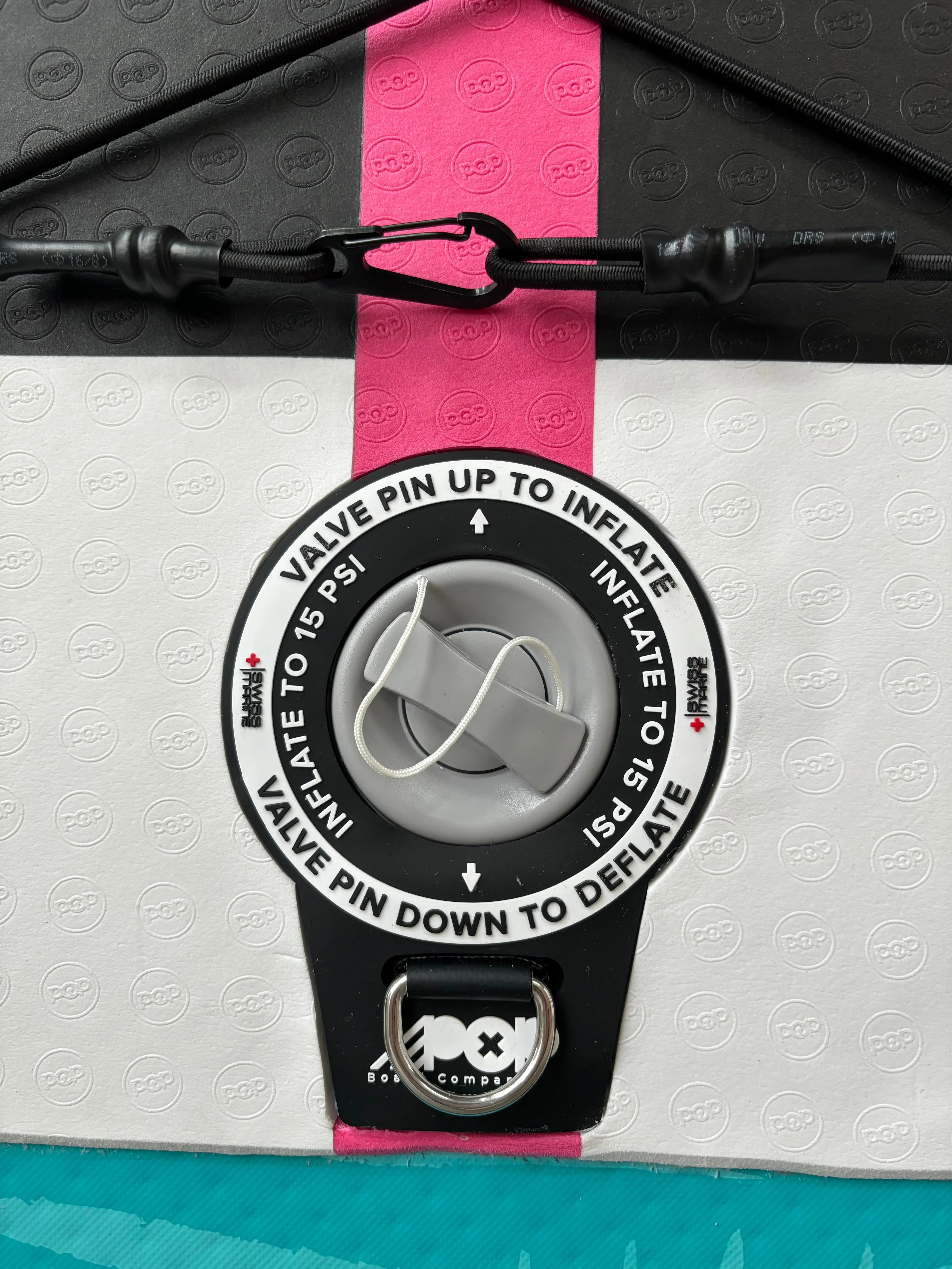 Inflation valve close-up of POP Yacht Hopper 11'0 inflatable paddleboard.