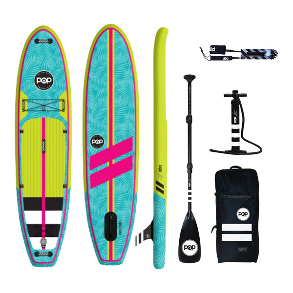 POP Yacht Hopper Neon 11 ft inflatable paddleboard package with paddle, pump, leash and bag