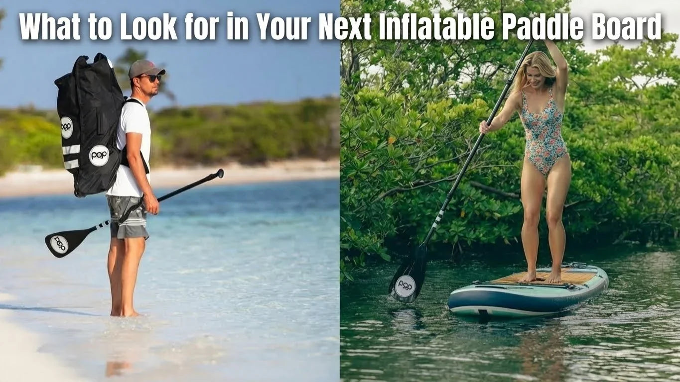Man carrying an inflatable paddle board on the beach and a woman paddling on the water, used as the hero image for a SUP buying guide.