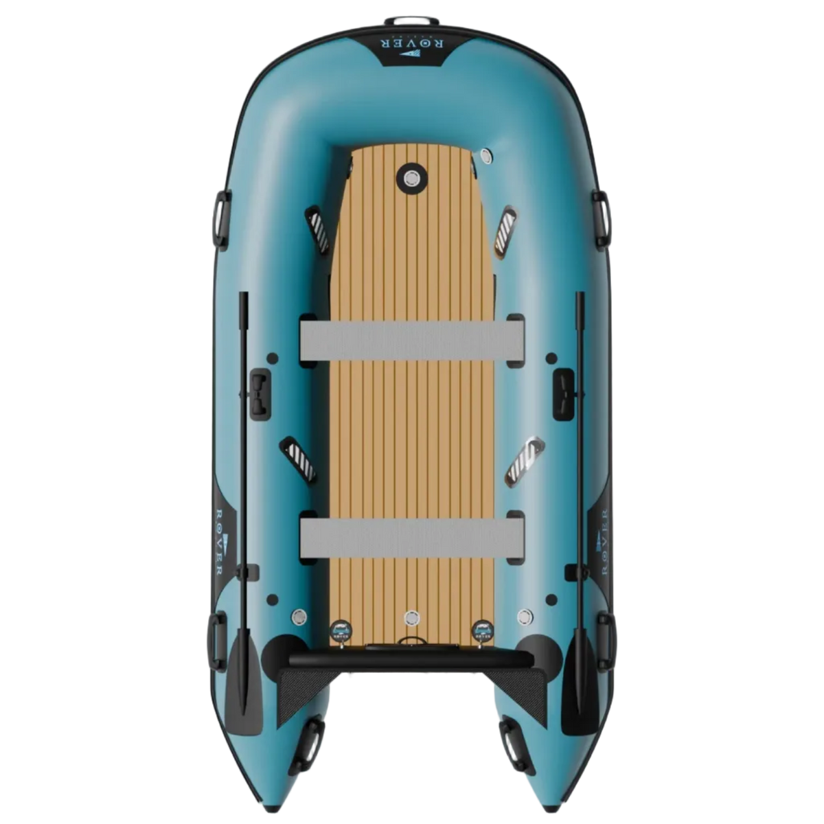 A top-down view of the 10ft inflatable battle boat showcasing its wooden floor and seats.