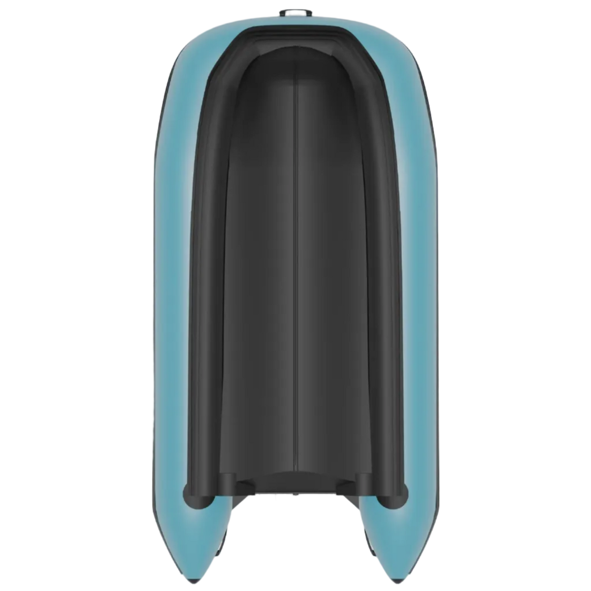 Top-down view of a light blue and black inflatable boat on a light gray background.