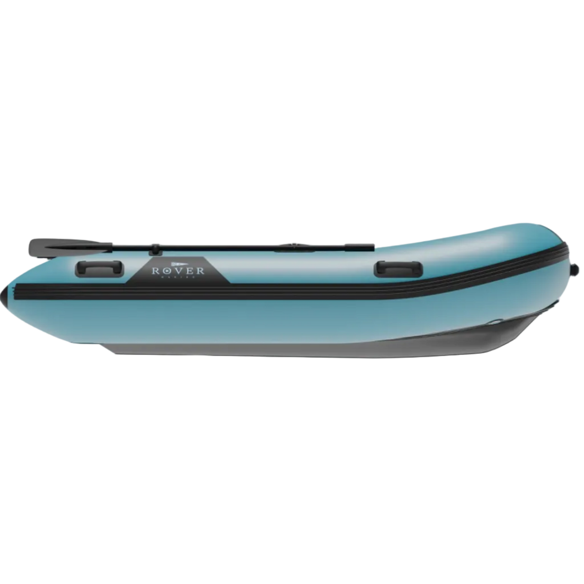A light blue inflatable boat with black trim and a black paddle on top, shown from a side profile view shown withoout background.