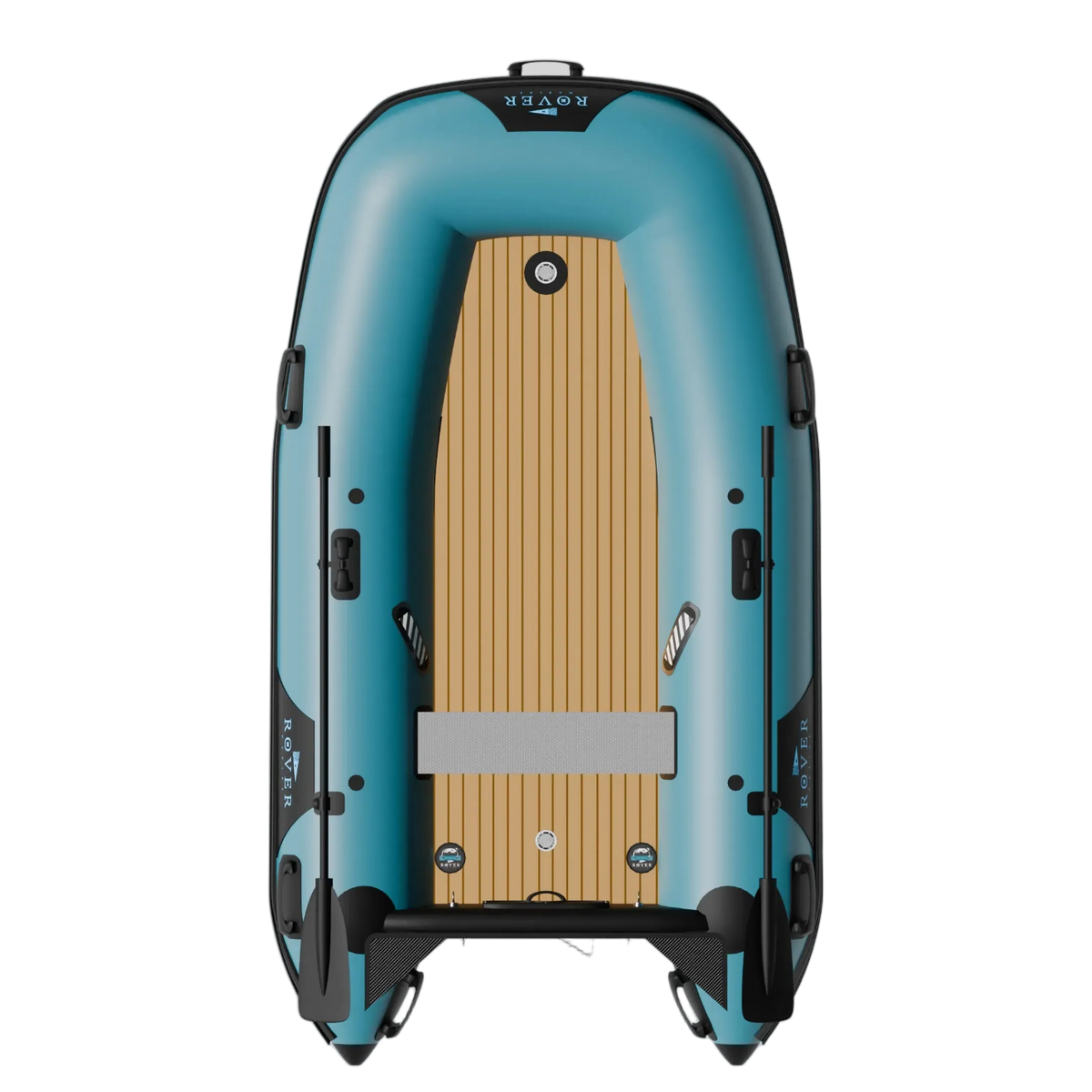 A top-down view of the 8ft inflatable battle boat showcasing its wooden floor and attached oars.