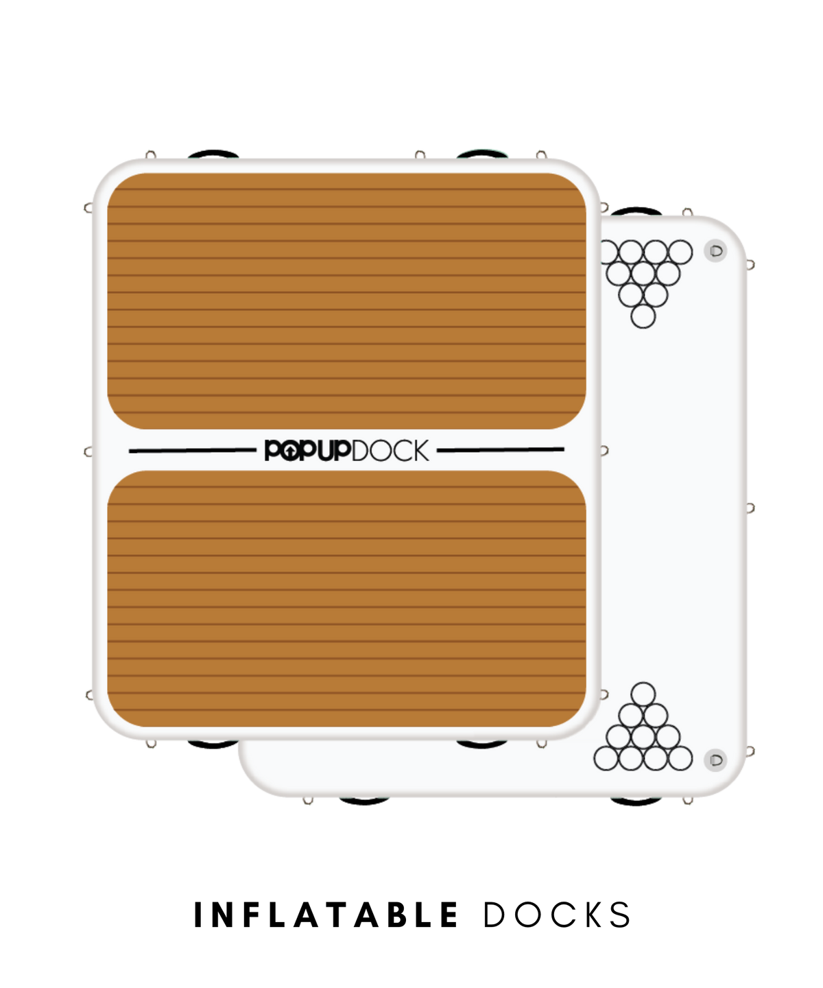 Inflatable dock with wooden surface and 'PopUpDock' branding on a white background