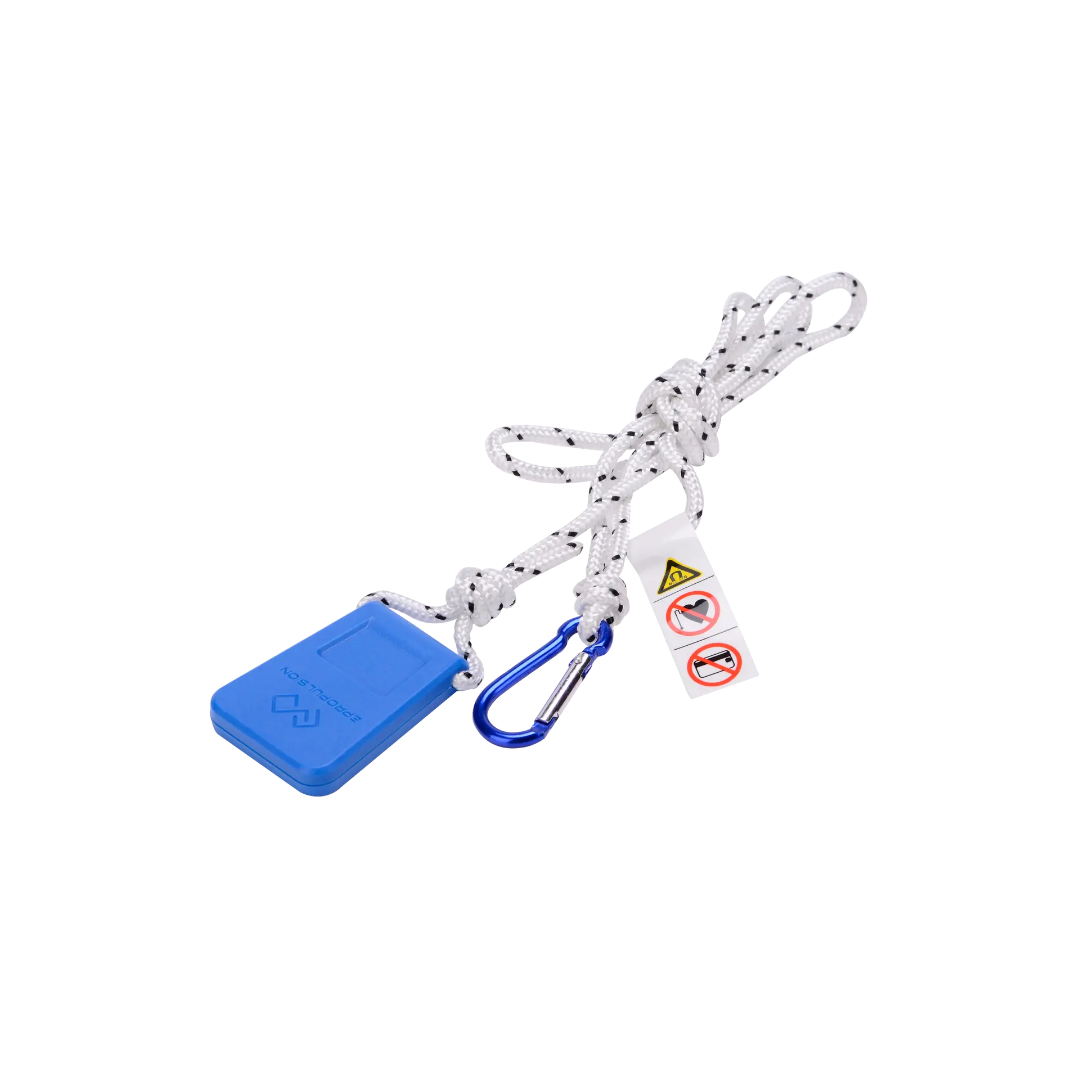 Blue device with a rope and carabiner on a white background