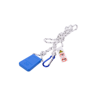 Blue device with a rope and carabiner on a white background