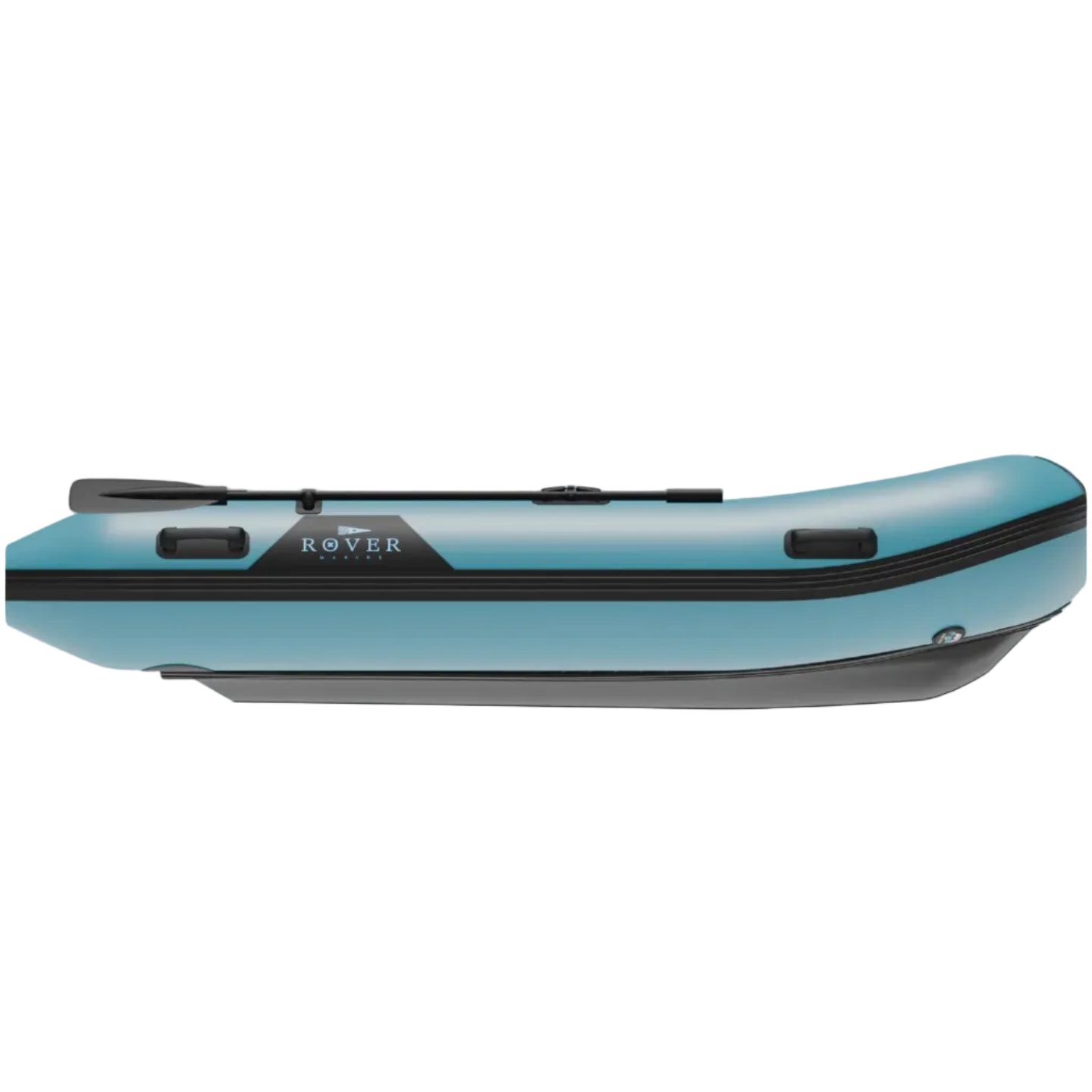 Right side profile of the blue and black Rover Marine inflatable battle boat with mounted oars.