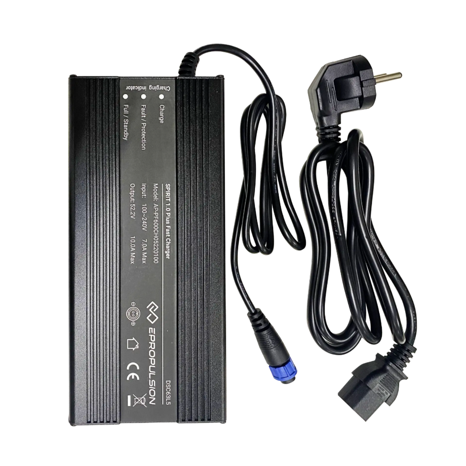Black power adapter with cable on a white background