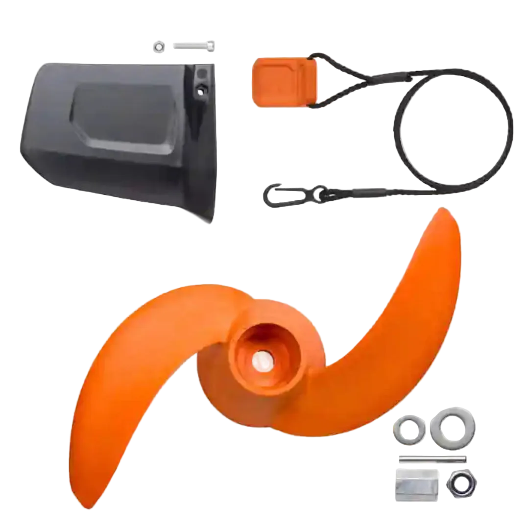 Orange propeller and black housing on a white background