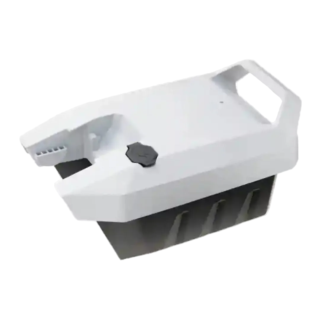 White and black plastic container with a handle on a white background