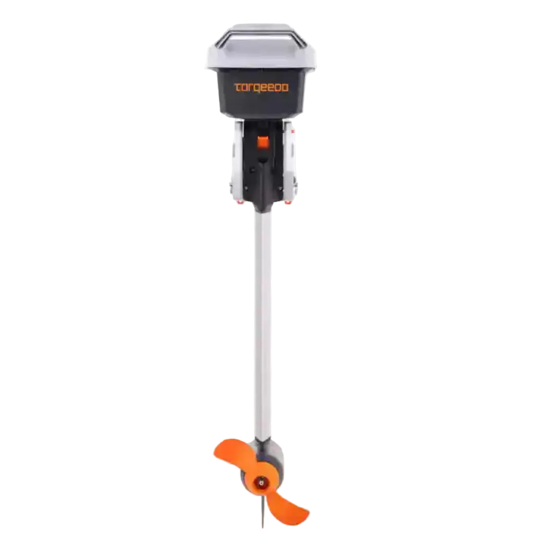 Outboard motor Torqeedo with a visible brand name on a white background