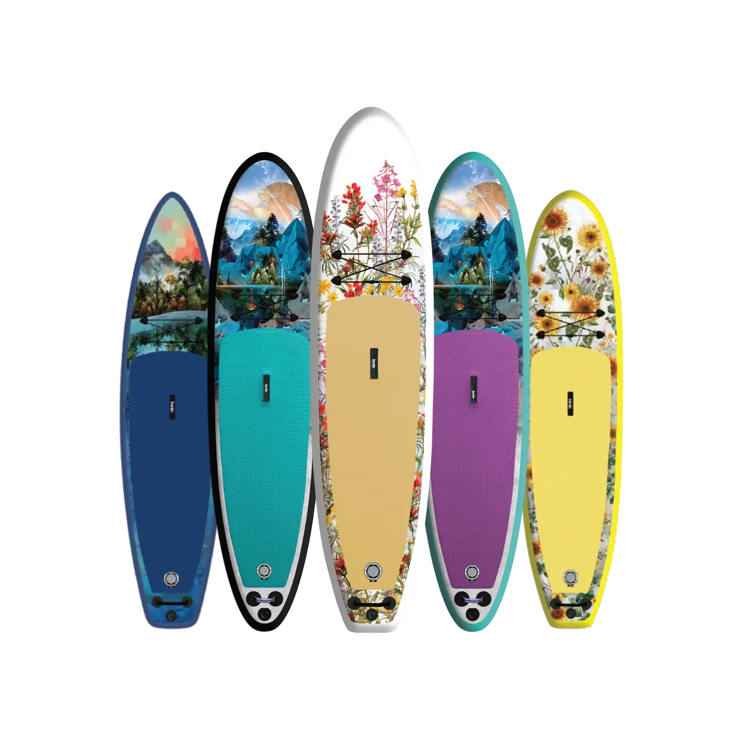Lineup of Ionic inflatable paddleboards in multiple designs and colors showcasing Air Ride Construction with supreme rigidity, durability, and precision shape control.