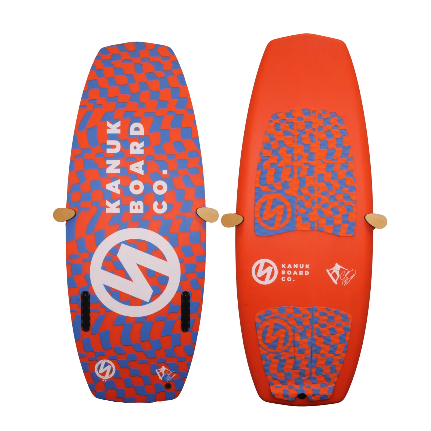 Top and bottom view of Burnsy Pro Orange Whip wakesurf board in red and blue check design.