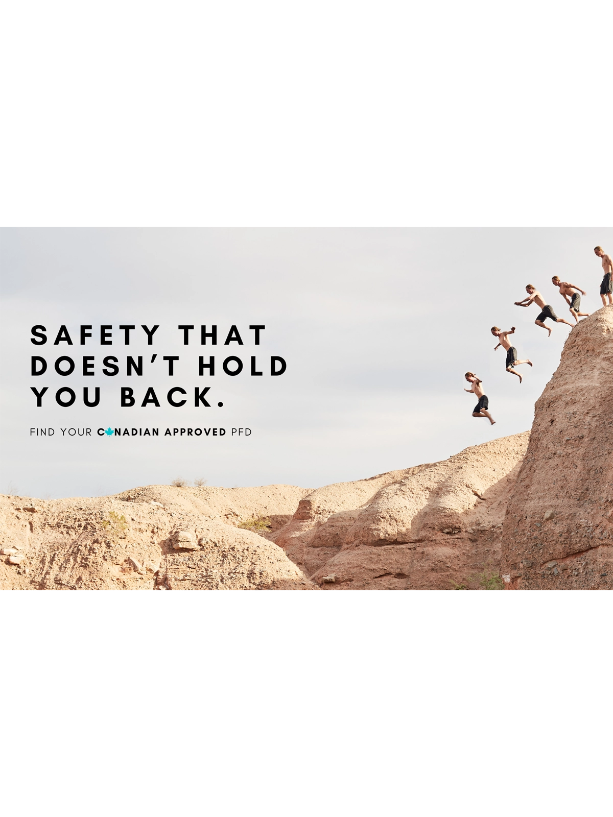 Group of men cliff jumping with text overlay promoting Canadian-approved life jackets for safe water adventures.