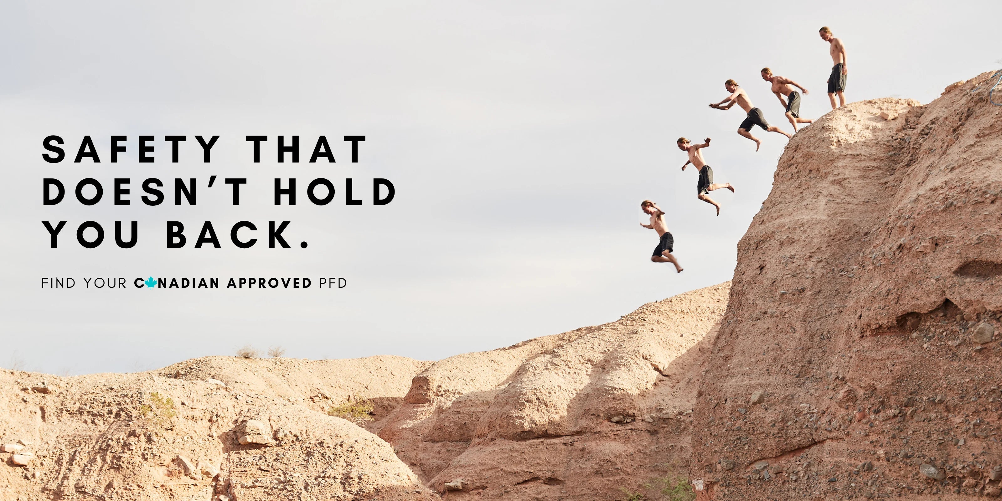 Group of men cliff jumping with text overlay promoting Canadian-approved life jackets for safe water adventures.