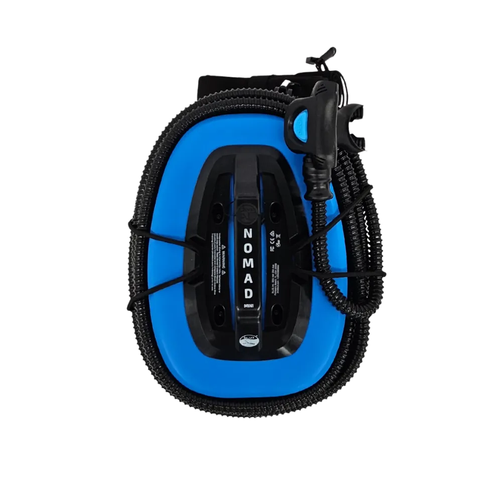 Dive Blu3 Nomad Mini tankless scuba diving system in blue and black design, featuring a compact portable unit with hose and bungee cords for easy underwater breathing support.