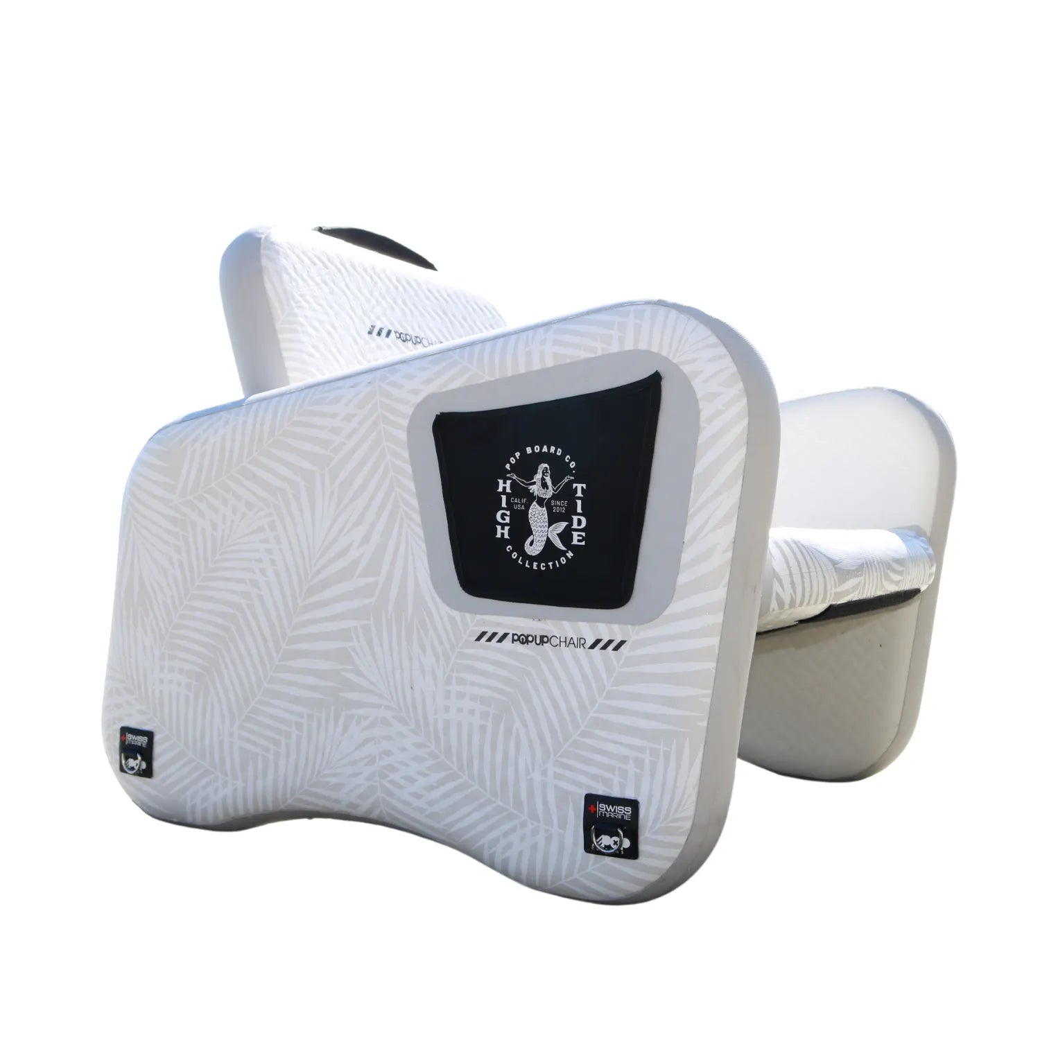 Close-up of the POP Dock inflatable chair showing premium stitched detailing and backrest design.