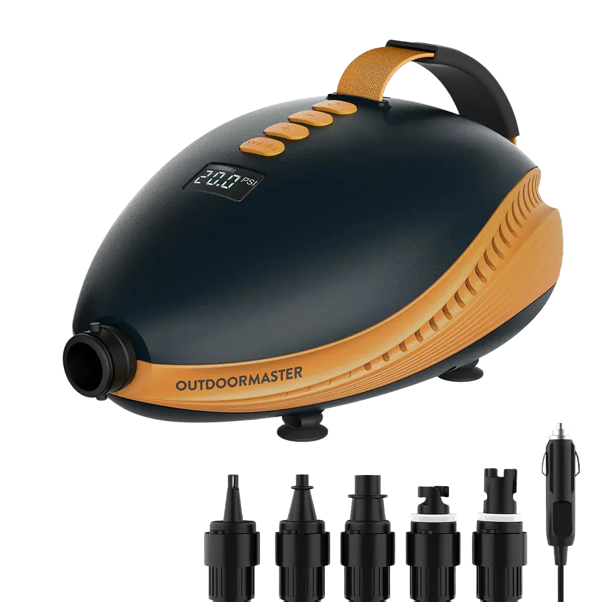 Dolphin II electric pump with multiple nozzle attachments for inflating SUPs, kayaks, and docks.