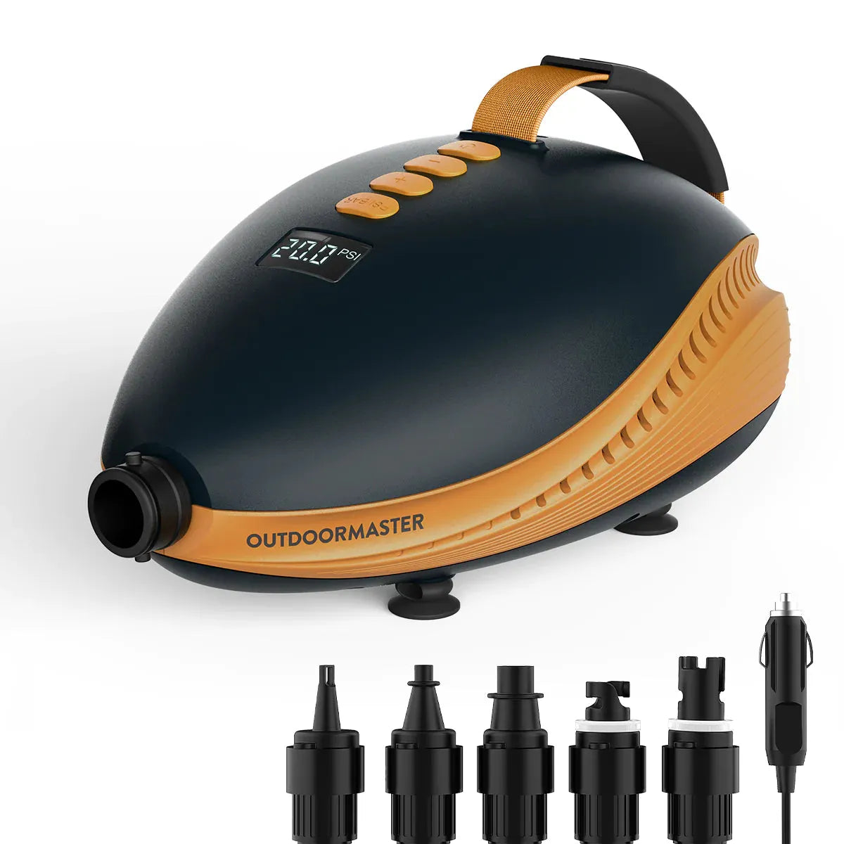 Dolphin II electric pump with multiple nozzle attachments for inflating SUPs, kayaks, and docks.