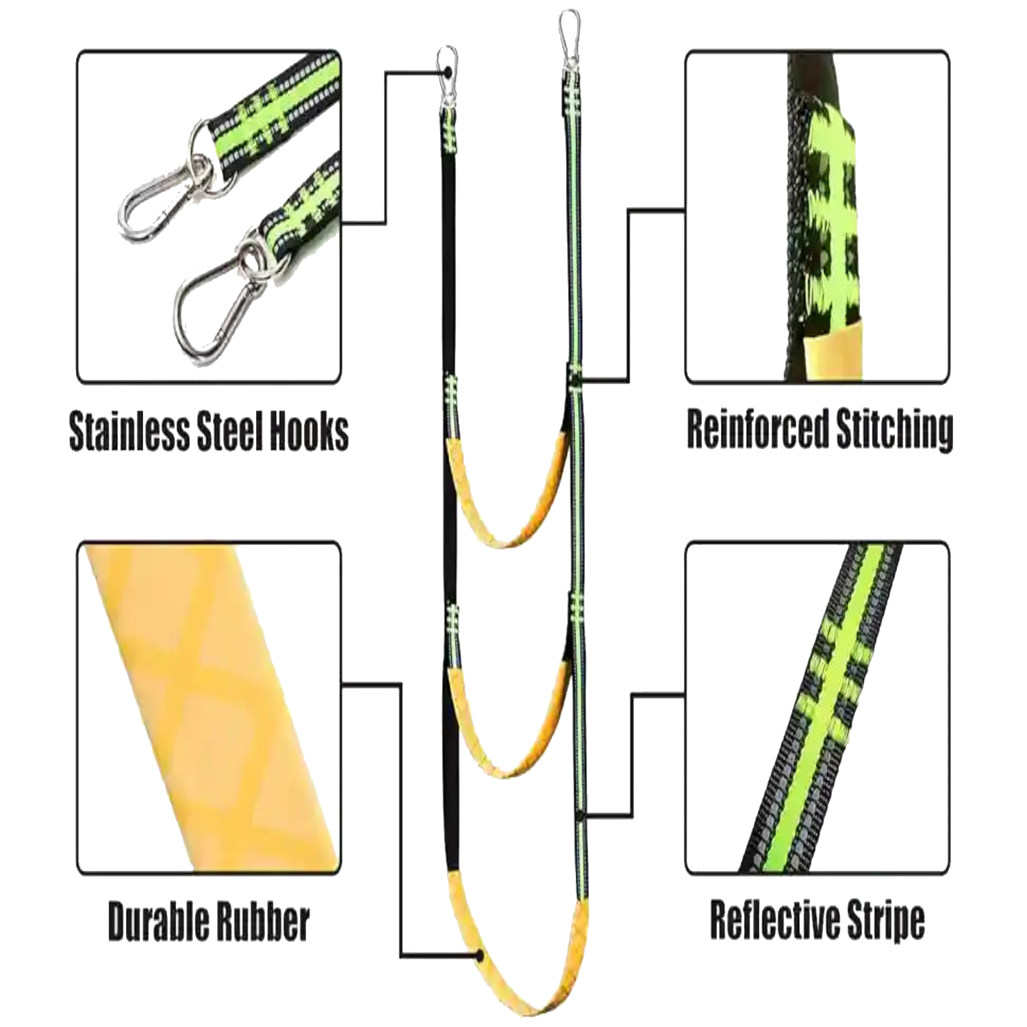 Features of the boat boarding ladder strap, including stainless steel hooks, reinforced stitching, durable rubber steps, and reflective safety stripes.