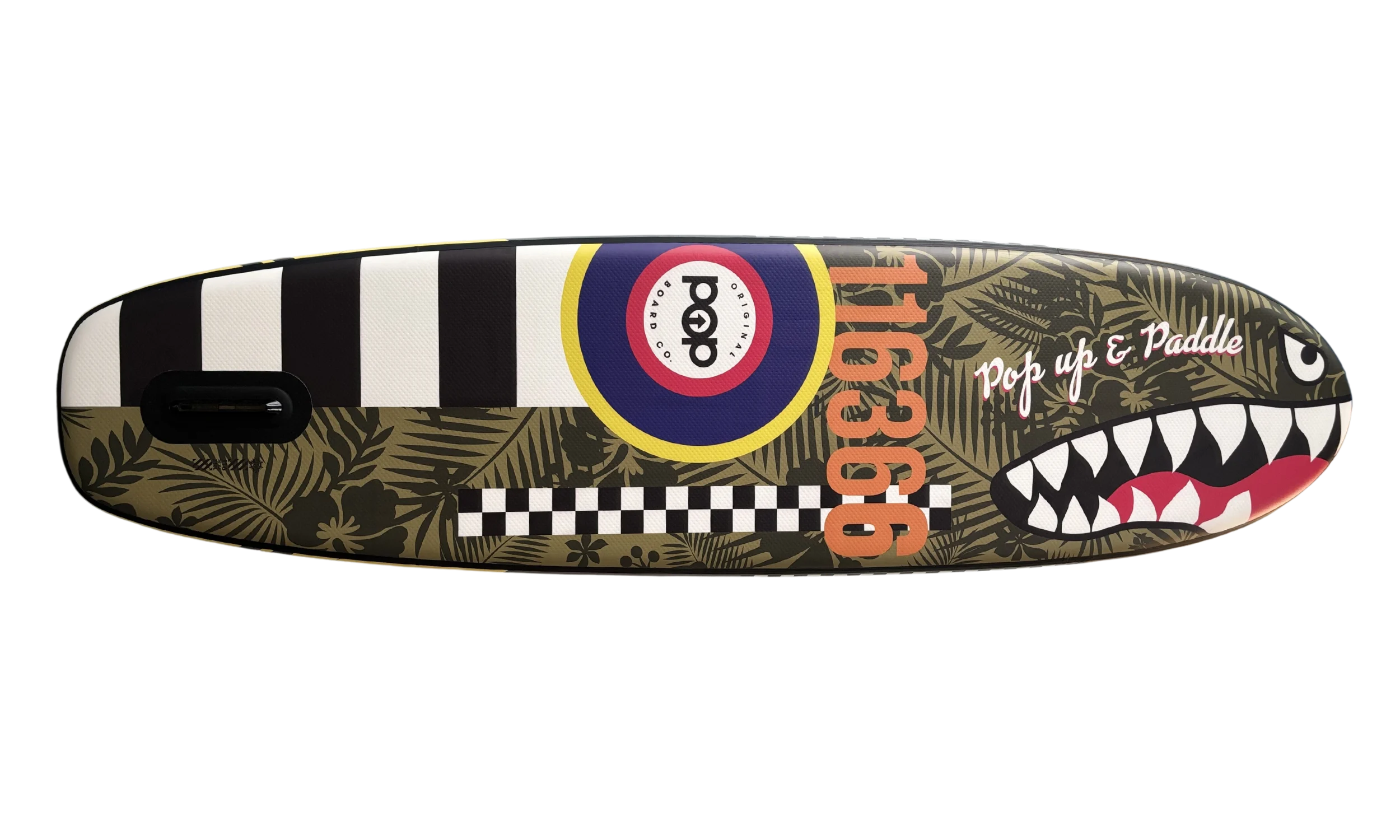 Bold shark mouth bomber-style graphic on the bottom of El Capitan 11'6 Bomber paddleboard.