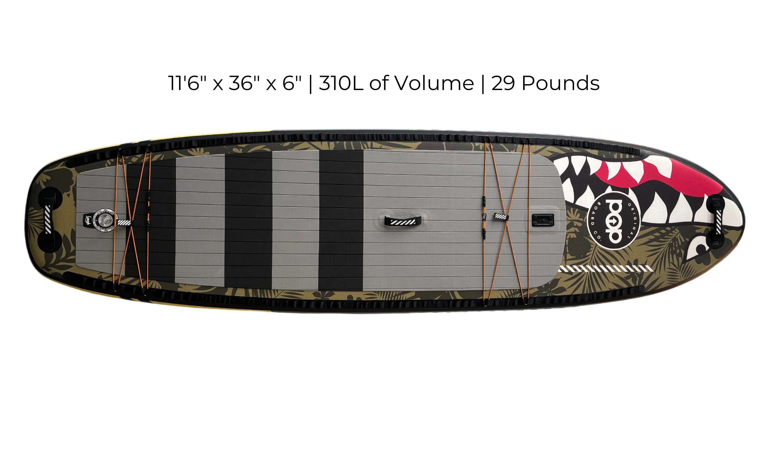 Full top deck view of El Capitan 11'6 Bomber paddleboard with wide stance and storage areas.