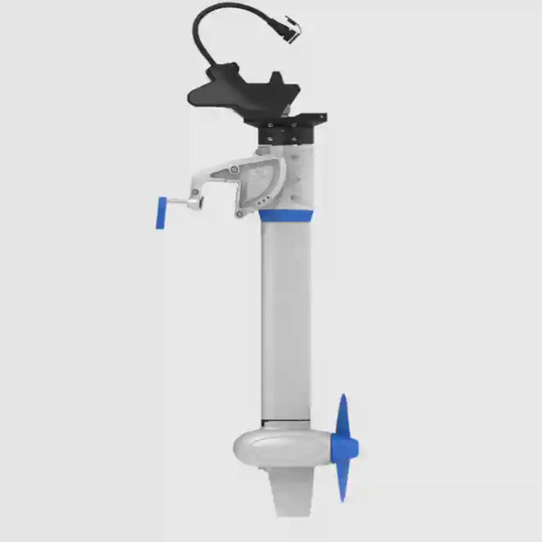 White and blue electric motor light gray background