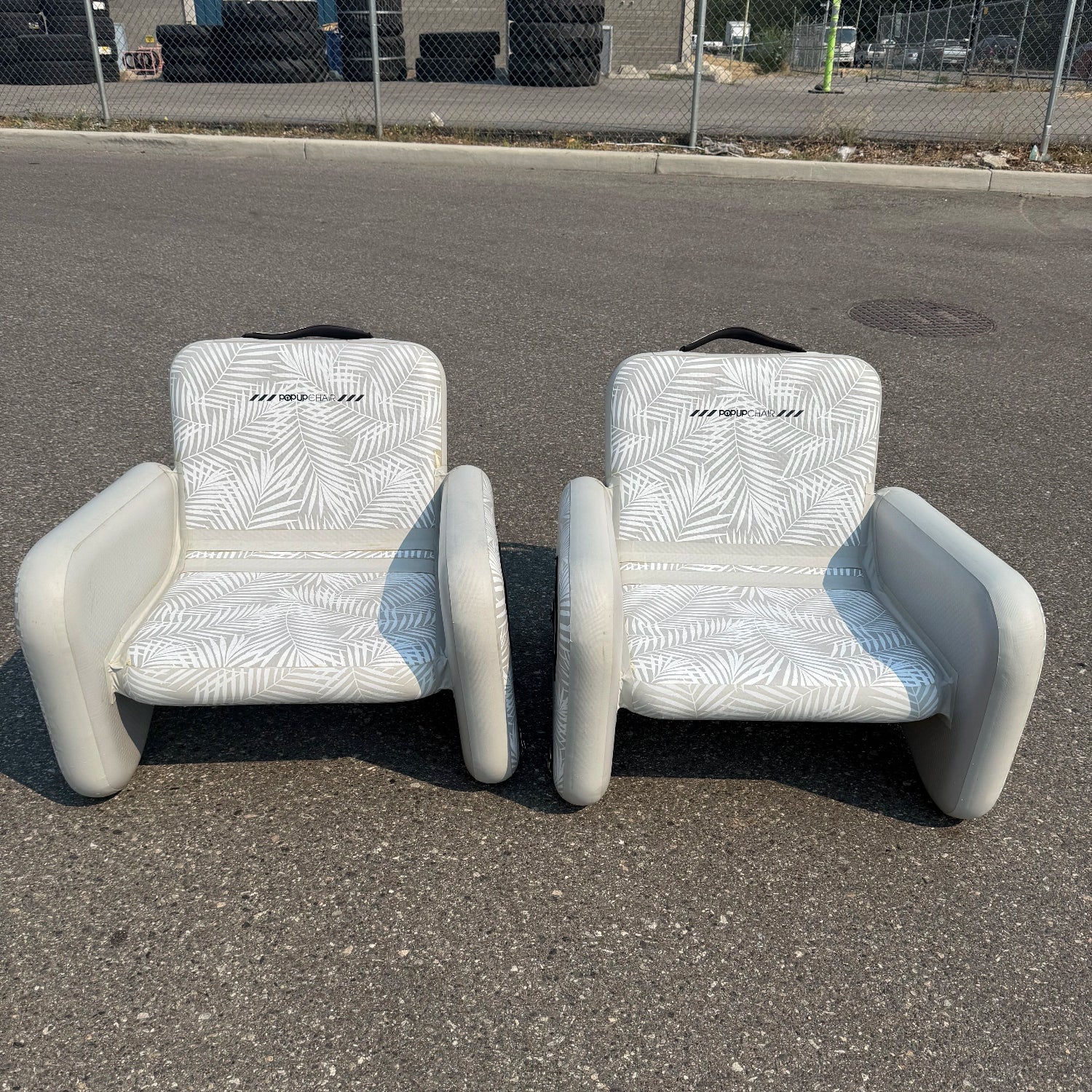 Green Program POP Up Chair Set in grey and white showcasing minor glue residue.