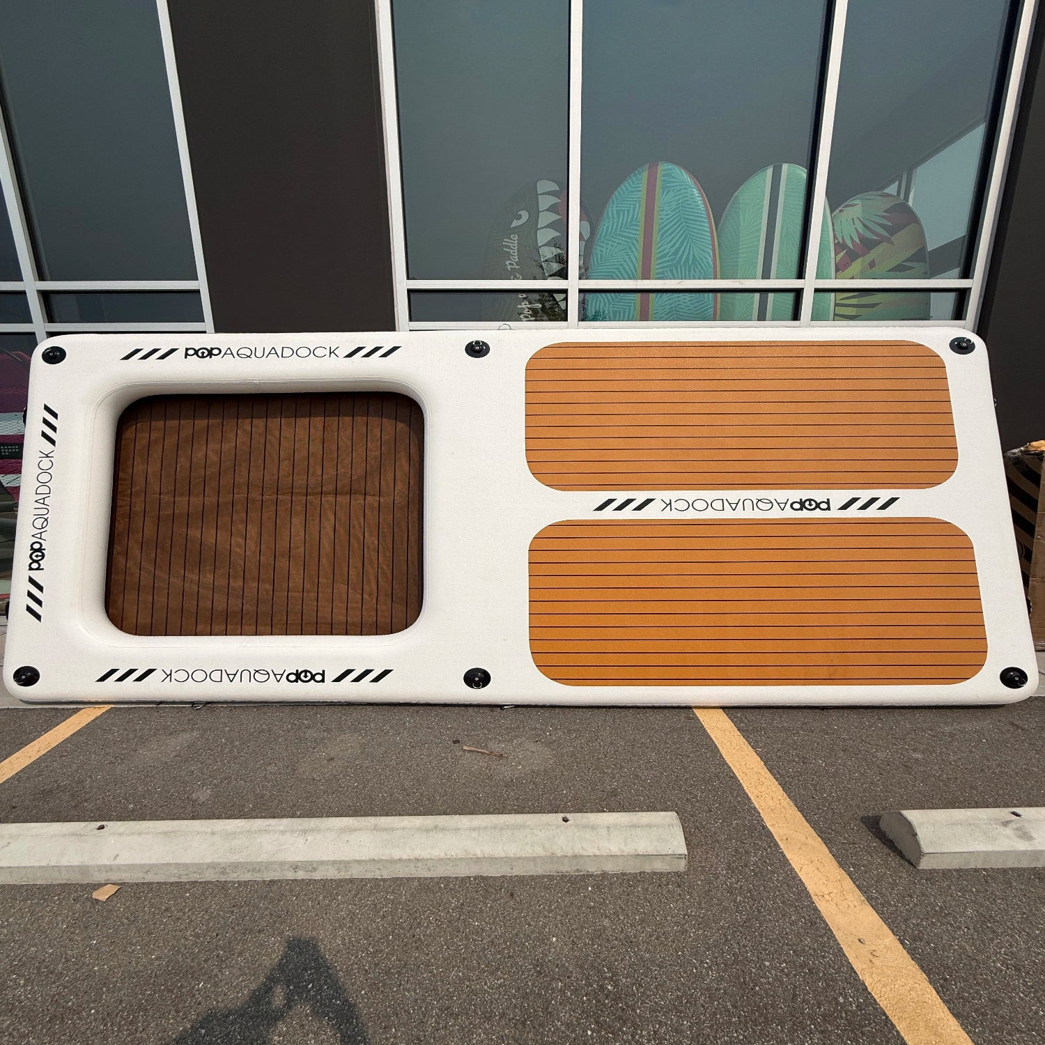 Green Program POPUP AQUADOCK 14x7 inflatable floating platform featuring a broken side D-ring.