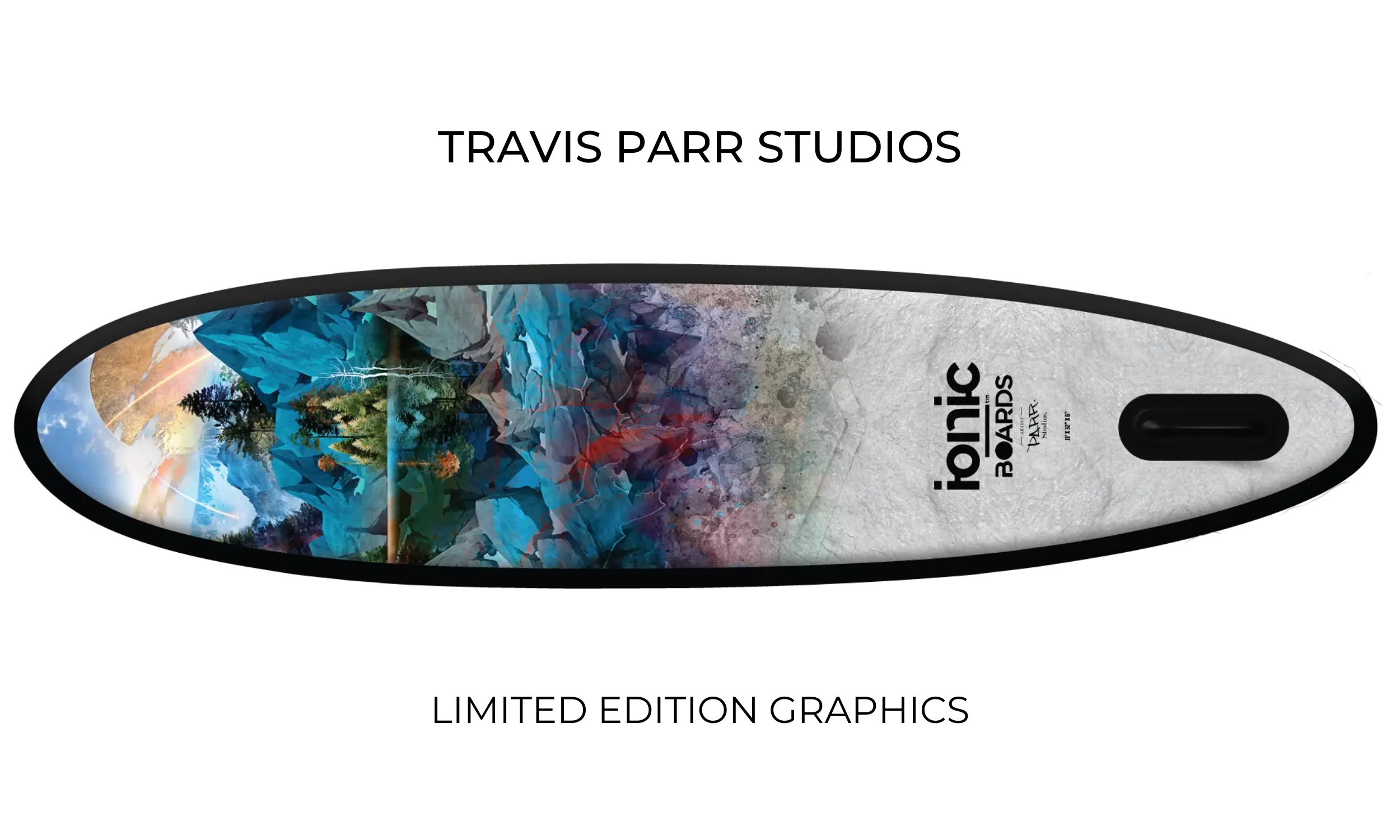 Bottom graphic design of Ionic paddle board featuring Travis Parr limited edition artwork.