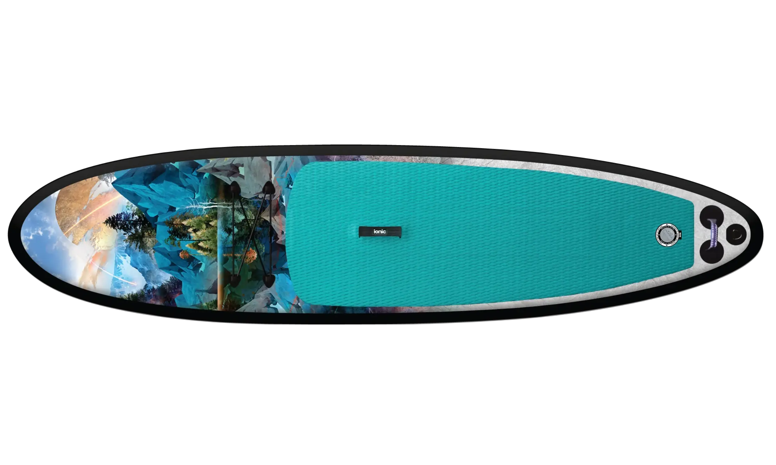 Top deck of Ionic paddle board with Travis Parr limited edition turquoise traction pad and artwork.