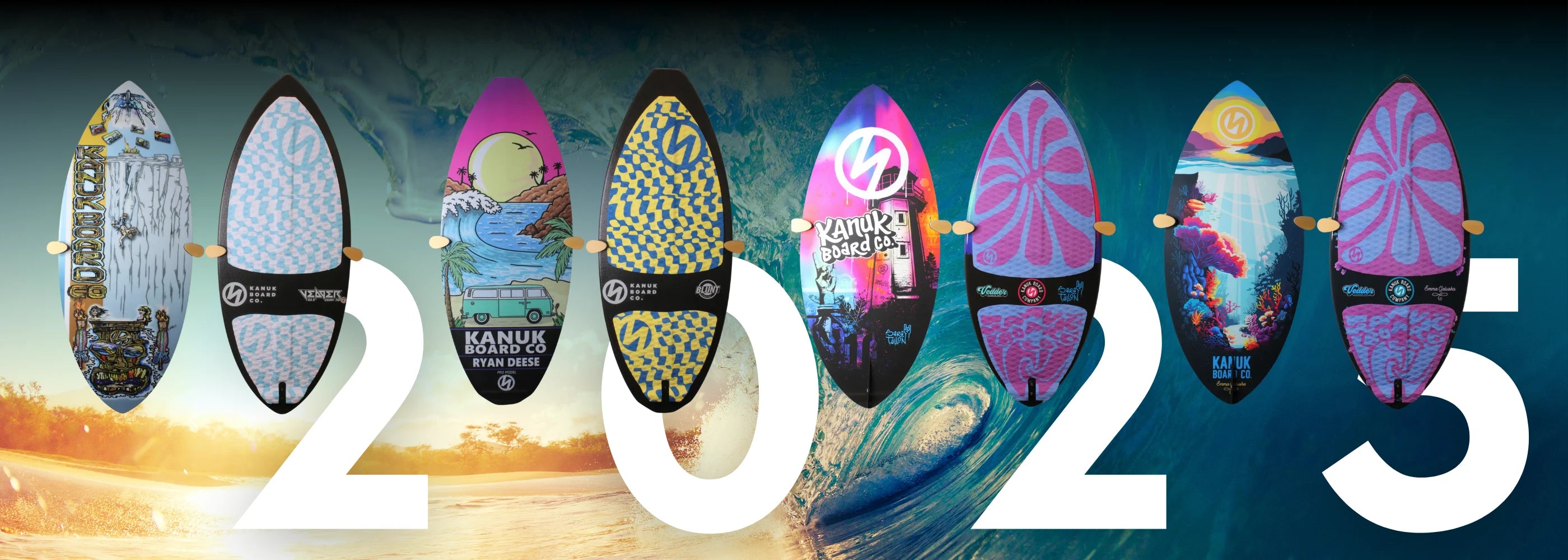 Full lineup of Kanuk Board Co. 2025 wakesurf boards showcasing pro models with unique designs.