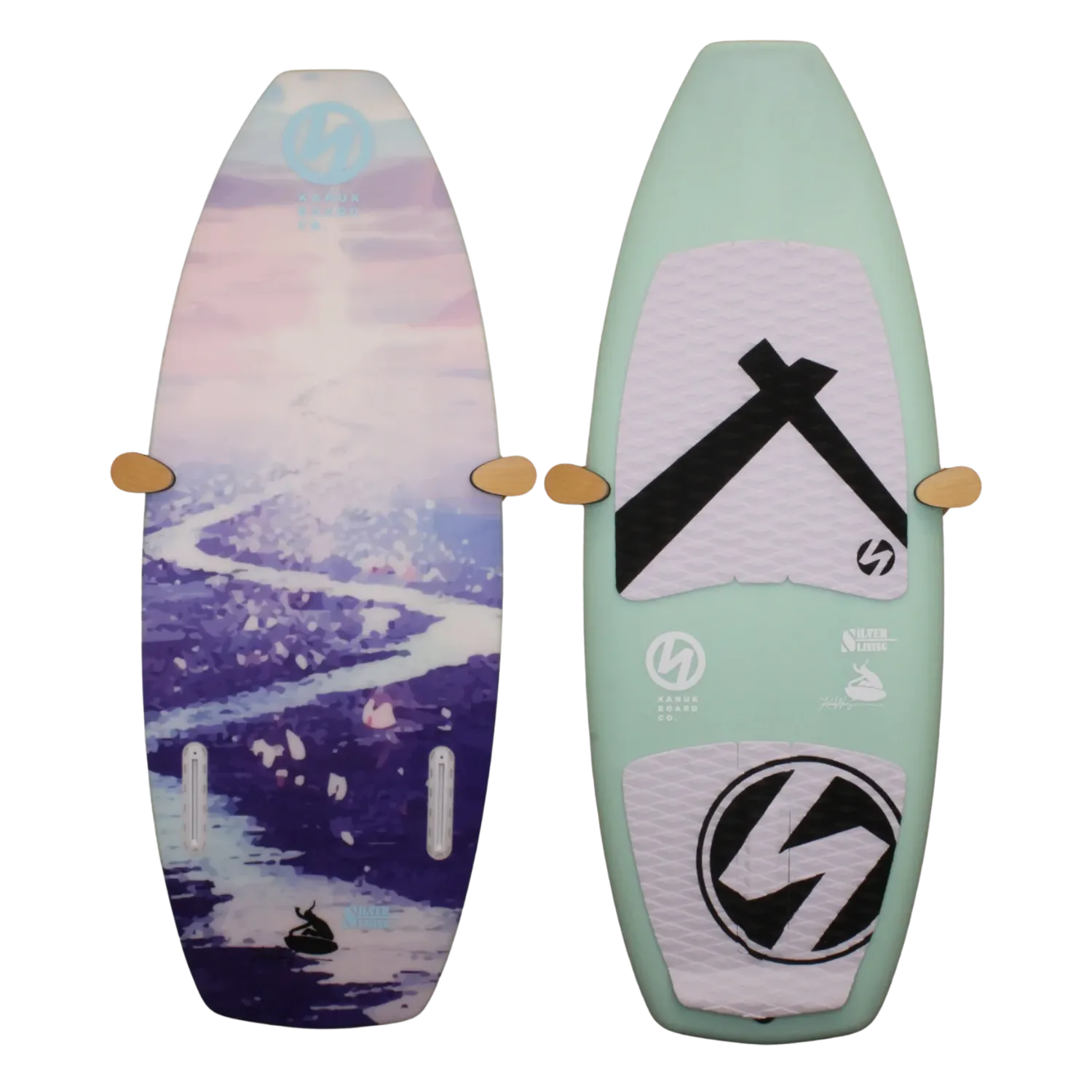 Karen Wang Pro Silver Lining wakesurf board with landscape design on deck.