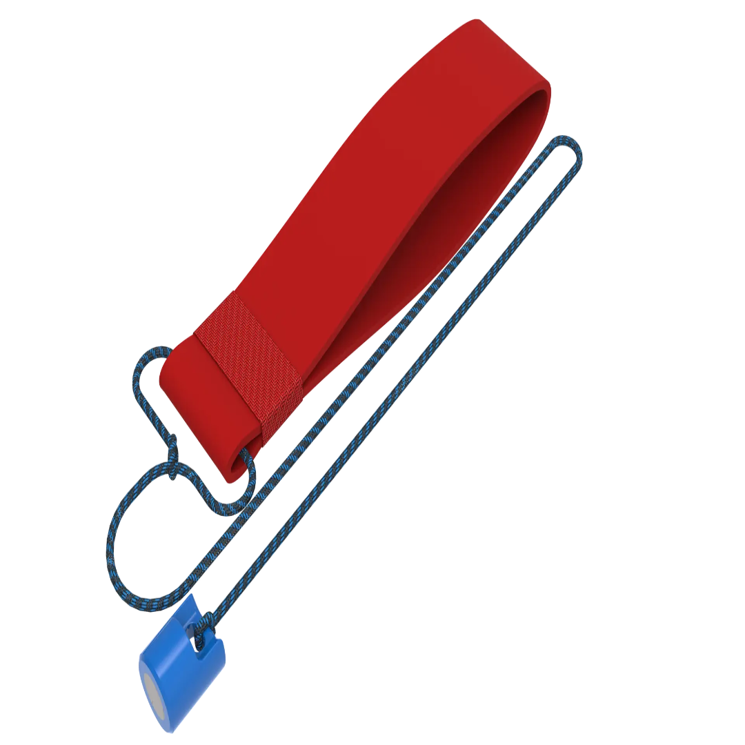 Red strap with blue clip on a white background