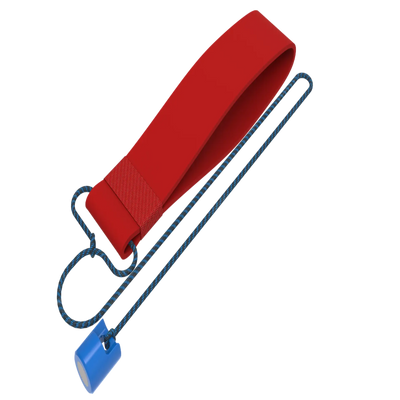 Red strap with blue clip on a white background