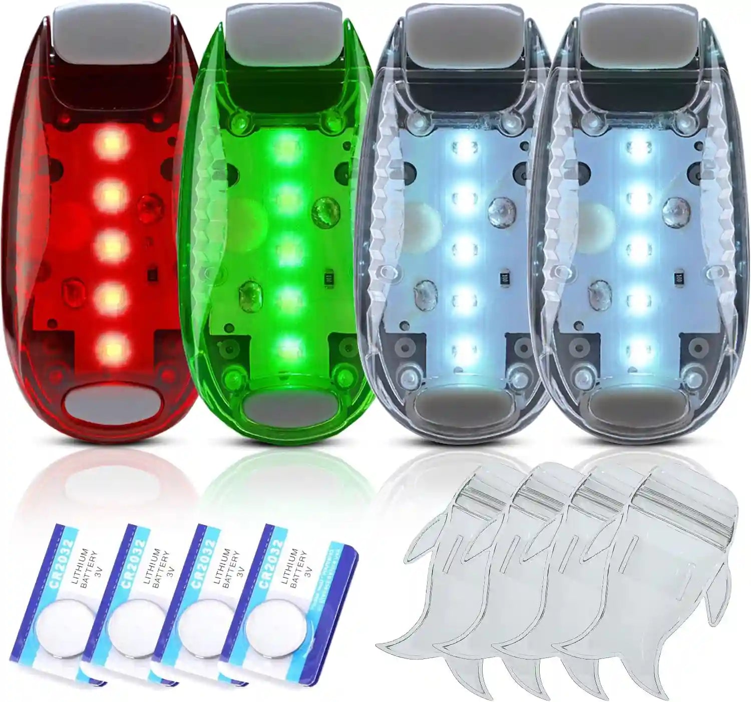 Four LED navigation lights showing red green and white colors for boat kayak safety

