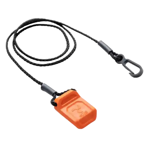 Orange safety emergency kill switch with black lanyard and carabiner, designed for boat engines and marine safety.