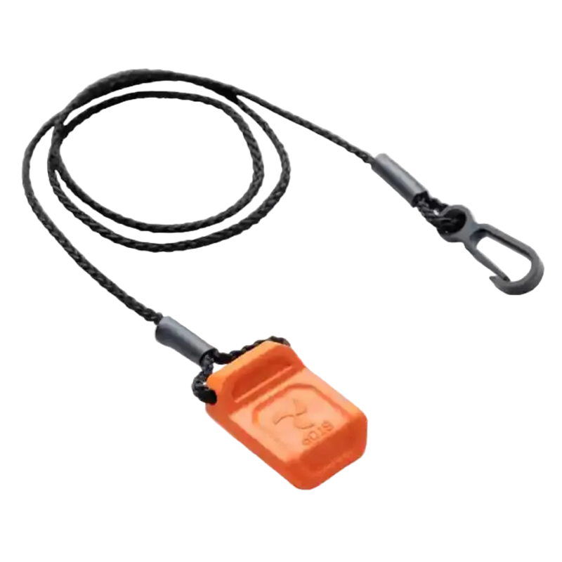 Orange safety emergency kill switch with black lanyard and carabiner, designed for boat engines and marine safety.